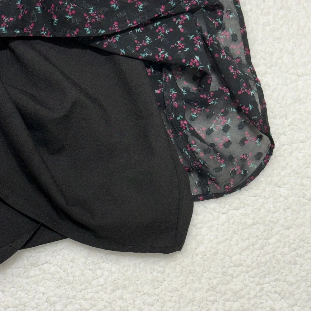 Zara Basic Black Floral Chiffon Mini Dress XS‎ Sheer Long Sleeve Ruffle Trim